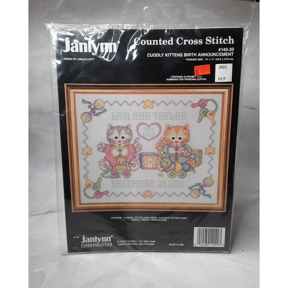 Vtg Janlynn Counted Cross Stitch Kit Cuddly Kittens Birth Announcement 14x11 - Picture 1 of 6